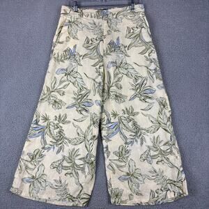 Tahari 100% Linen Wide Leg Pant Large Floral Palazzo Resortwear Pull On Pockets